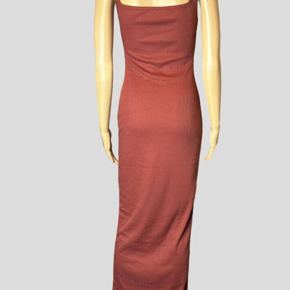 Womens Ribbed Slip Midi Dress Large L Brown Wide Straps Sleeveless Stretch - Picture 3 of 11